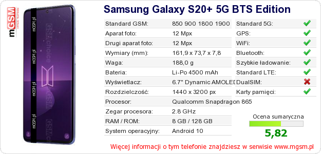 Dane telefonu Samsung Galaxy S20+ 5G BTS Edition