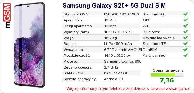 Dane telefonu Samsung Galaxy S20+ 5G Dual SIM