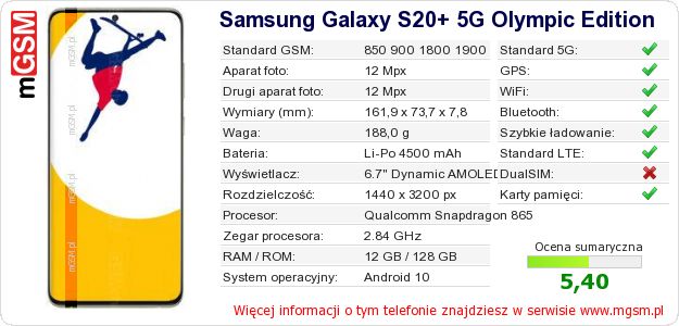 Dane telefonu Samsung Galaxy S20+ 5G Olympic Edition Dane telefonu Samsung Galaxy S20+ 5G Olympic Edition