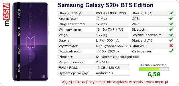 Dane telefonu Samsung Galaxy S20+ BTS Edition