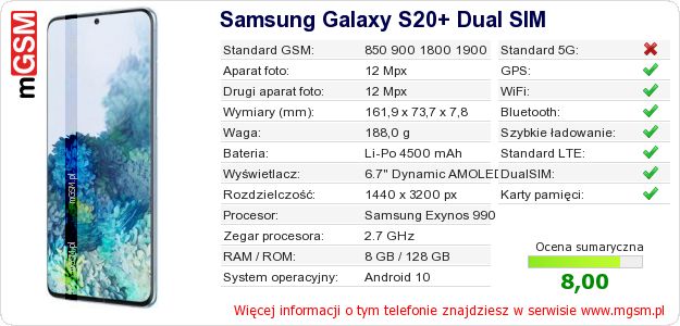 Dane telefonu Samsung Galaxy S20+ Dual SIM