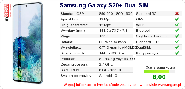 Dane telefonu Samsung Galaxy S20+ Dual SIM