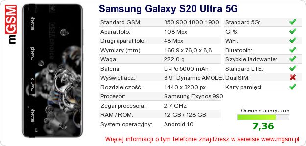 Dane telefonu Samsung Galaxy S20 Ultra 5G