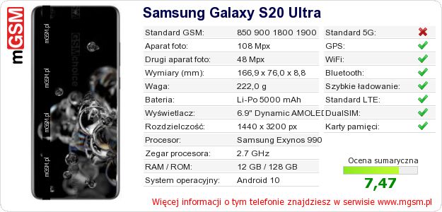 Dane telefonu Samsung Galaxy S20 Ultra