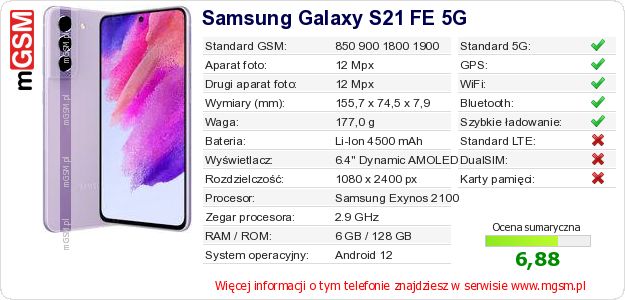 Dane telefonu Samsung Galaxy S21 FE 5G Dane telefonu Samsung Galaxy S21 FE 5G