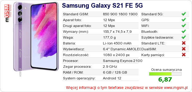 Dane telefonu Samsung Galaxy S21 FE 5G