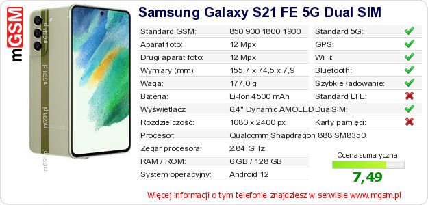 Dane telefonu Samsung Galaxy S21 FE 5G Dual SIM Dane telefonu Samsung Galaxy S21 FE 5G Dual SIM