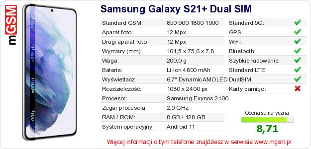 Dane telefonu Samsung Galaxy S21+ Dual SIM Dane telefonu Samsung Galaxy S21+ Dual SIM