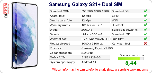 Dane telefonu Samsung Galaxy S21+ Dual SIM