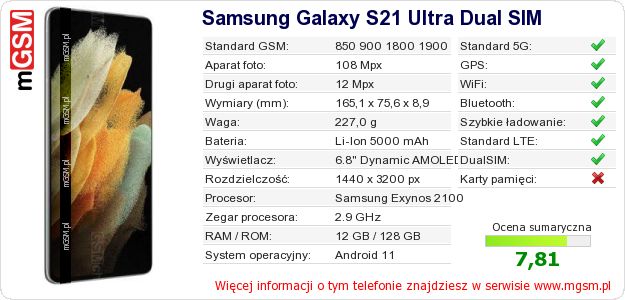 Dane telefonu Samsung Galaxy S21 Ultra Dual SIM