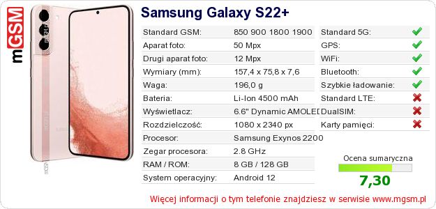 Dane telefonu Samsung Galaxy S22+ Dane telefonu Samsung Galaxy S22+