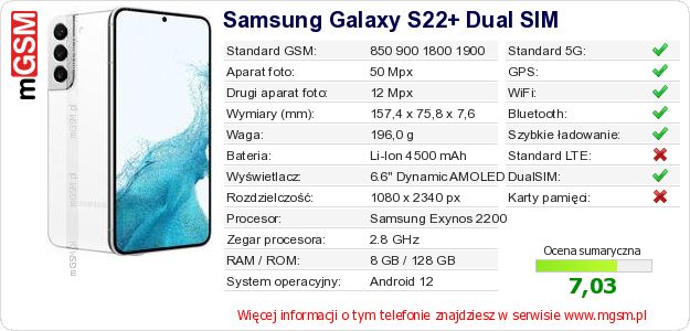 Dane telefonu Samsung Galaxy S22+ Dual SIM Dane telefonu Samsung Galaxy S22+ Dual SIM