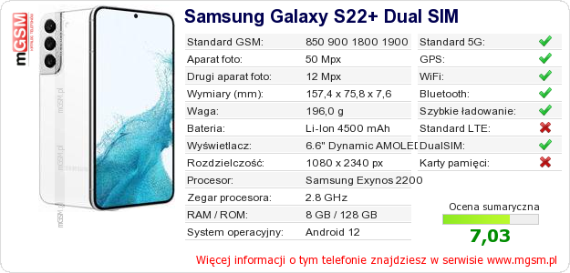 Dane telefonu Samsung Galaxy S22+ Dual SIM