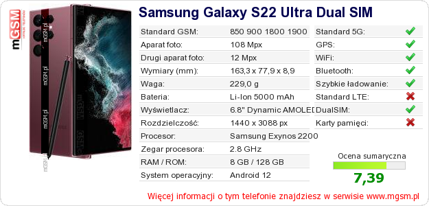 Dane telefonu Samsung Galaxy S22 Ultra Dual SIM