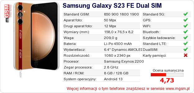 Dane telefonu Samsung Galaxy S23 FE Dual SIM Dane telefonu Samsung Galaxy S23 FE Dual SIM