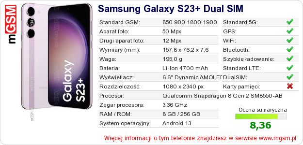 Dane telefonu Samsung Galaxy S23+ Dual SIM Dane telefonu Samsung Galaxy S23+ Dual SIM