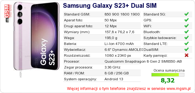 Dane telefonu Samsung Galaxy S23+ Dual SIM Dane telefonu Samsung Galaxy S23+ Dual SIM