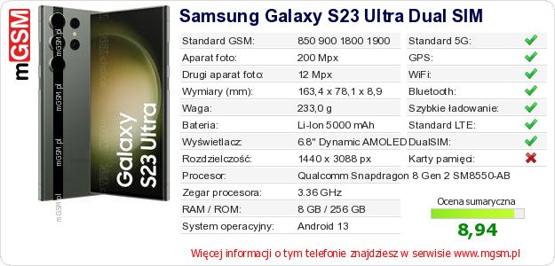Dane telefonu Samsung Galaxy S23 Ultra Dual SIM Dane telefonu Samsung Galaxy S23 Ultra Dual SIM