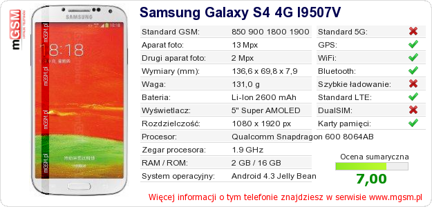 Dane telefonu Samsung Galaxy S4 4G I9507V