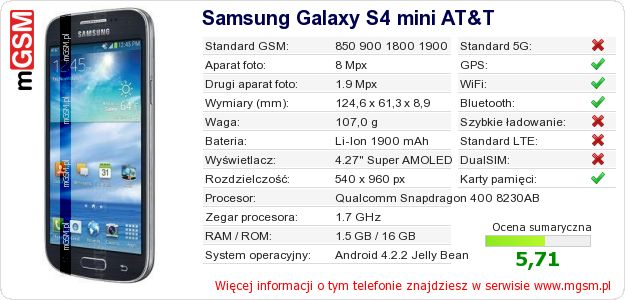 Dane telefonu Samsung Galaxy S4 mini AT&T