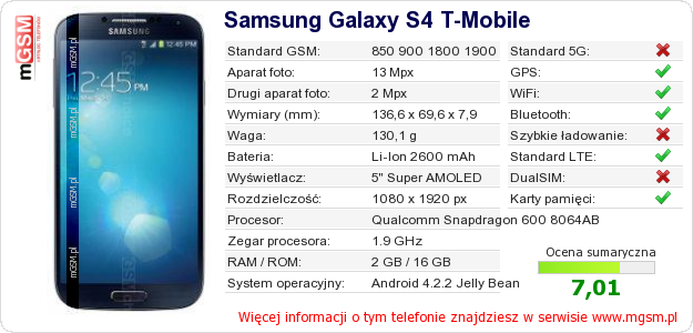 Dane telefonu Samsung Galaxy S4 T-Mobile
