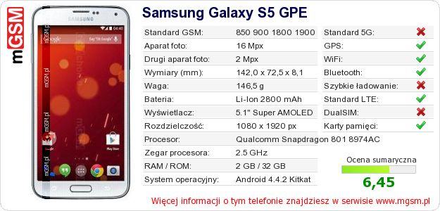 Dane telefonu Samsung Galaxy S5 GPE Dane telefonu Samsung Galaxy S5 GPE