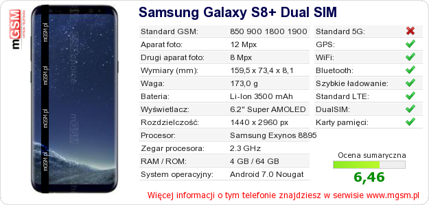 Dane telefonu Samsung Galaxy S8+ Dual SIM Dane telefonu Samsung Galaxy S8+ Dual SIM