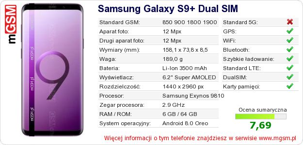 Dane telefonu Samsung Galaxy S9+ Dual SIM