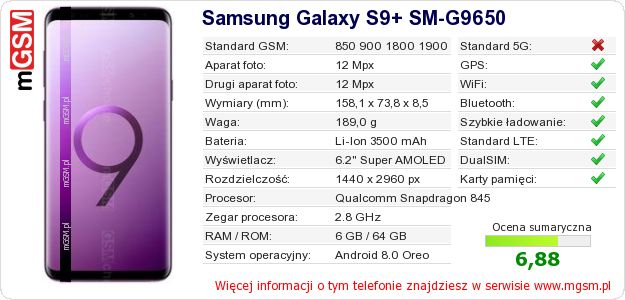 Dane telefonu Samsung Galaxy S9+ SM-G9650