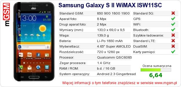 Dane telefonu Samsung Galaxy S II WiMAX ISW11SC Dane telefonu Samsung Galaxy S II WiMAX ISW11SC