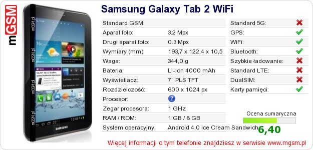 Dane telefonu Samsung Galaxy Tab 2 WiFi Dane telefonu Samsung Galaxy Tab 2 WiFi