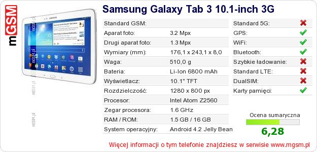 Dane telefonu Samsung Galaxy Tab 3 10.1-inch 3G