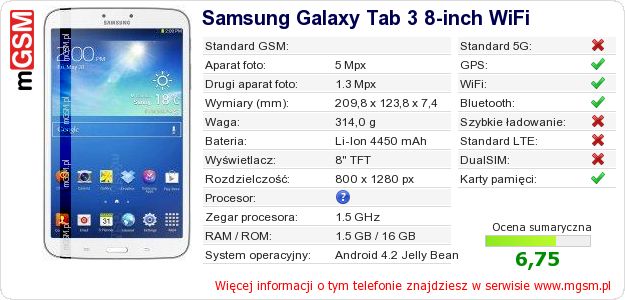 Dane telefonu Samsung Galaxy Tab 3 8-inch WiFi