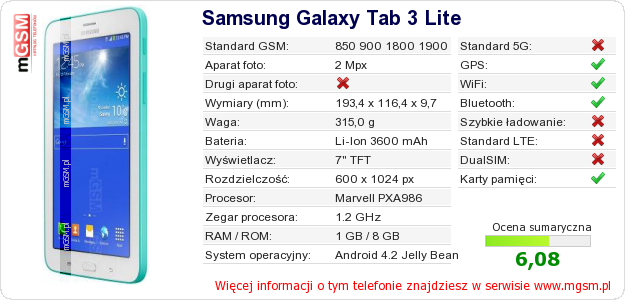 Dane telefonu Samsung Galaxy Tab 3 Lite Dane telefonu Samsung Galaxy Tab 3 Lite