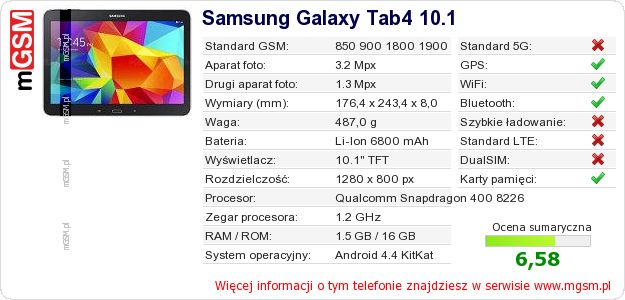 Dane telefonu Samsung Galaxy Tab4 10.1 Dane telefonu Samsung Galaxy Tab4 10.1