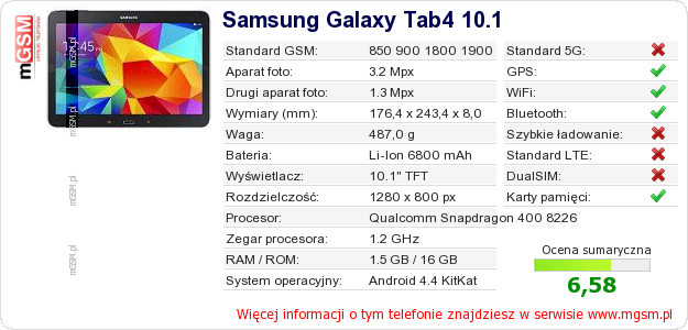 Dane telefonu Samsung Galaxy Tab4 10.1