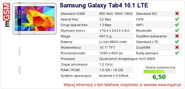 Dane telefonu Samsung Galaxy Tab4 10.1 LTE Dane telefonu Samsung Galaxy Tab4 10.1 LTE