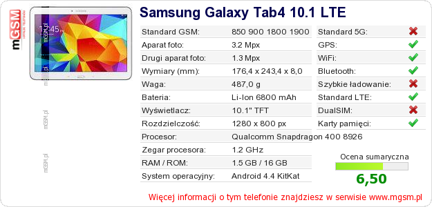 Dane telefonu Samsung Galaxy Tab4 10.1 LTE Dane telefonu Samsung Galaxy Tab4 10.1 LTE