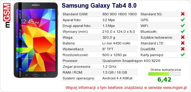 Dane telefonu Samsung Galaxy Tab4 8.0 Dane telefonu Samsung Galaxy Tab4 8.0