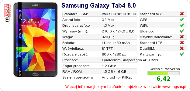 Dane telefonu Samsung Galaxy Tab4 8.0