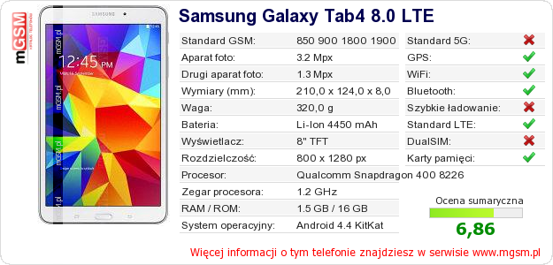 Dane telefonu Samsung Galaxy Tab4 8.0 LTE