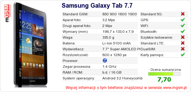 Dane telefonu Samsung Galaxy Tab 7.7