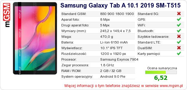 Dane telefonu Samsung Galaxy Tab A 10.1 2019 SM-T515