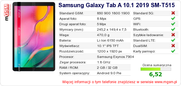 Dane telefonu Samsung Galaxy Tab A 10.1 2019 SM-T515 Dane telefonu Samsung Galaxy Tab A 10.1 2019 SM-T515
