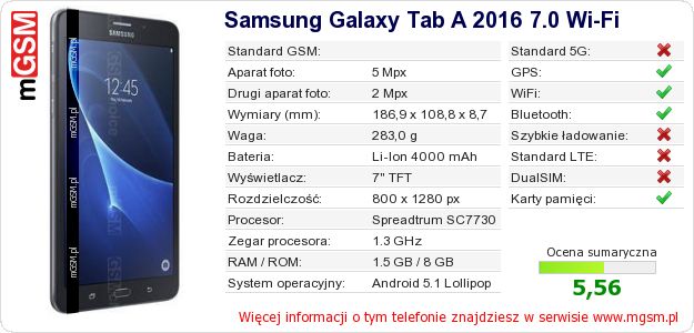 Dane telefonu Samsung Galaxy Tab A 2016 7.0 Wi-Fi