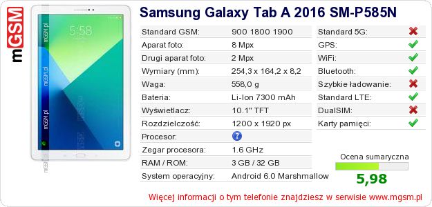 Dane telefonu Samsung Galaxy Tab A 2016 SM-P585N Dane telefonu Samsung Galaxy Tab A 2016 SM-P585N