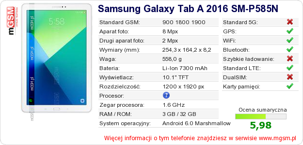 Dane telefonu Samsung Galaxy Tab A 2016 SM-P585N Dane telefonu Samsung Galaxy Tab A 2016 SM-P585N