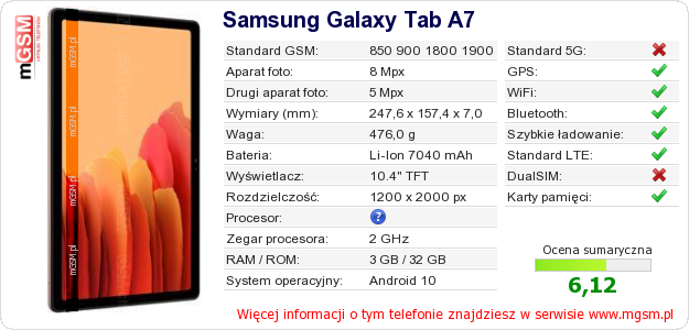 Dane telefonu Samsung Galaxy Tab A7