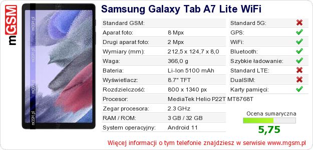 Dane telefonu Samsung Galaxy Tab A7 Lite WiFi Dane telefonu Samsung Galaxy Tab A7 Lite WiFi