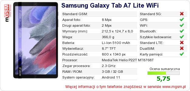 Dane telefonu Samsung Galaxy Tab A7 Lite WiFi Dane telefonu Samsung Galaxy Tab A7 Lite WiFi